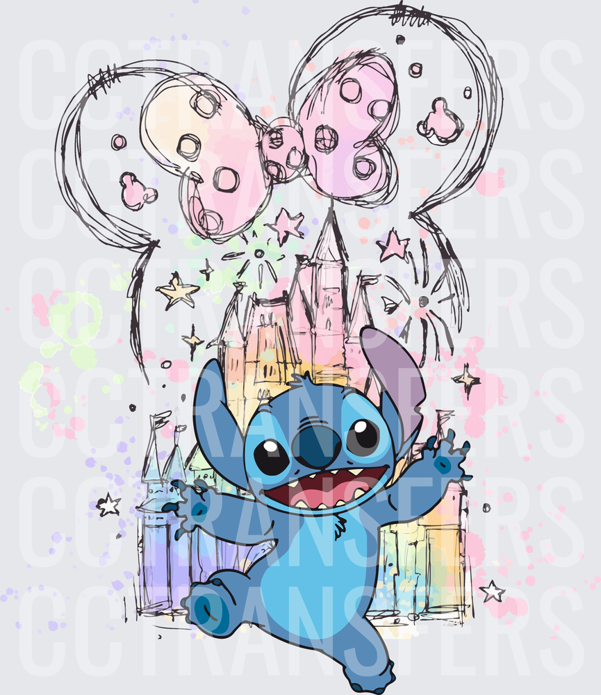 Cute Blue Alien Castle Balloons Watercolor Sketch (DTF)