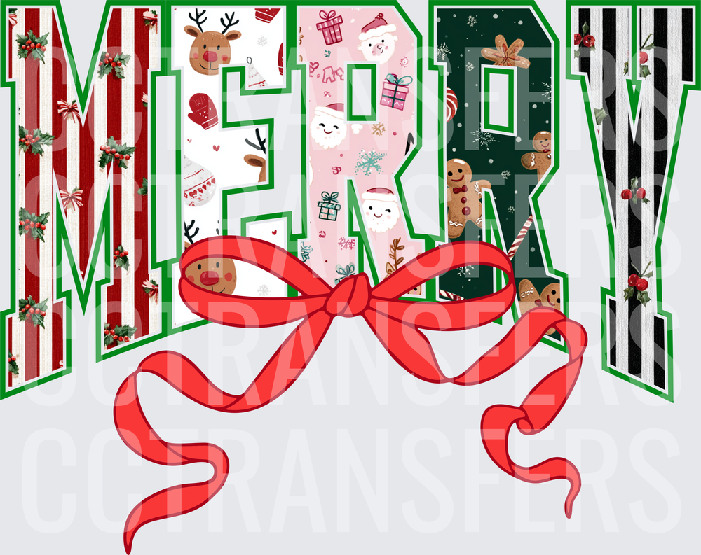 Merry Patterned Letters Red Bow Holiday Reindeer Gingerbread (DTF)