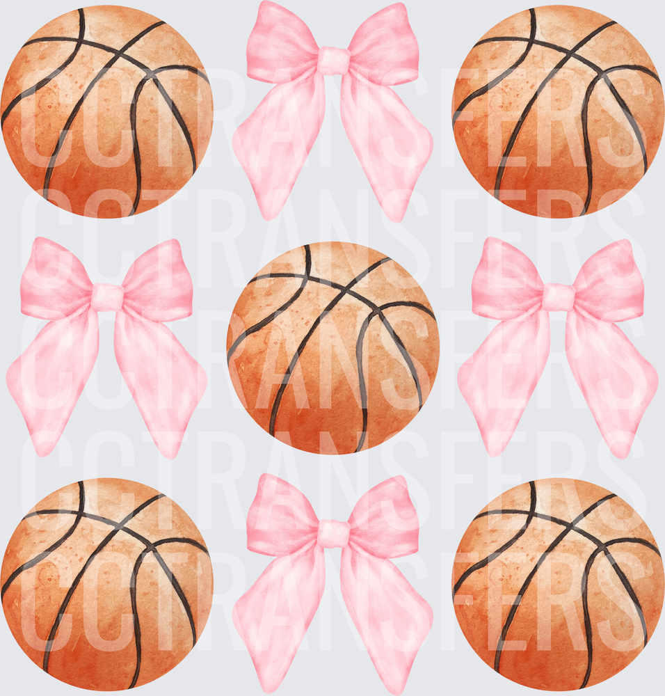 Watercolor Basketballs and Pink Bows Pattern (DTF)