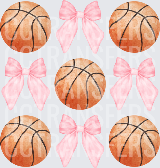 Watercolor Basketballs and Pink Bows Pattern (DTF)