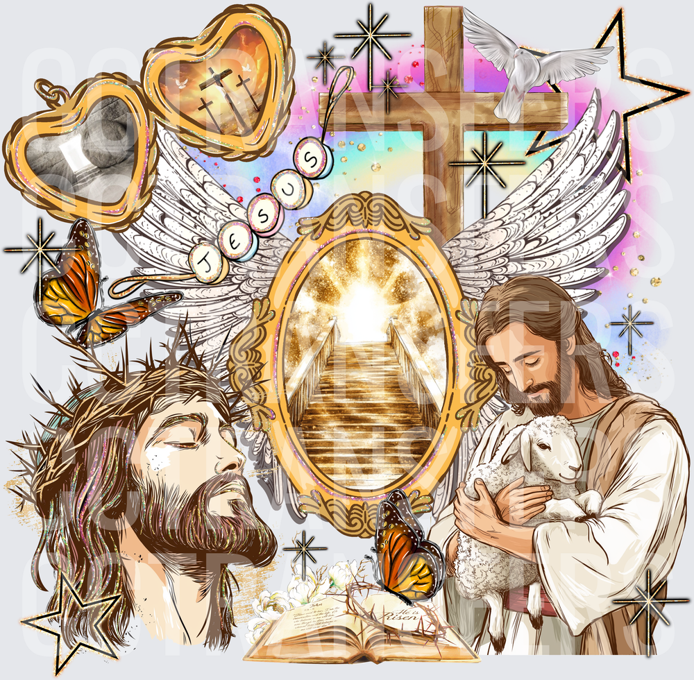 Jesus He Is Risen Lamb Cross Stairway to Heaven Collage (DTF)