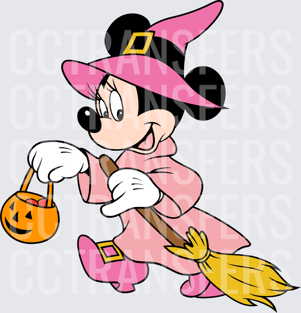 Pink Witch Mouse with Broomstick and Jack-O-Lantern Basket (DTF)