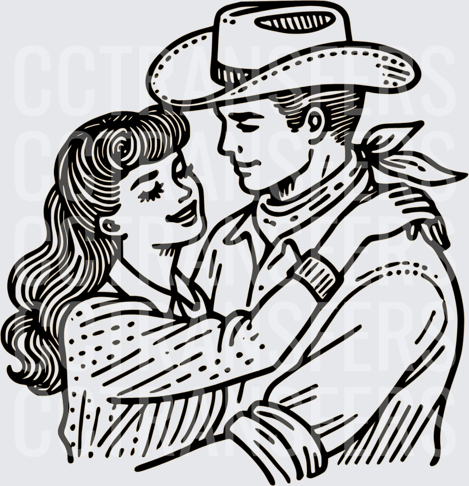 Vintage Western Cowboy and Cowgirl Romantic Embrace (DTF)