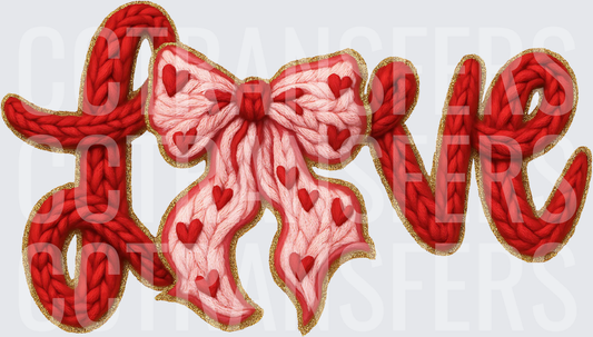 Knit LOVE Word Art with Pink Bow and Hearts (DTF)