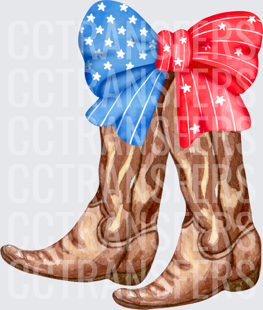 Patriotic Stars Stripes Bows Cowboy Boots Watercolor (DTF)