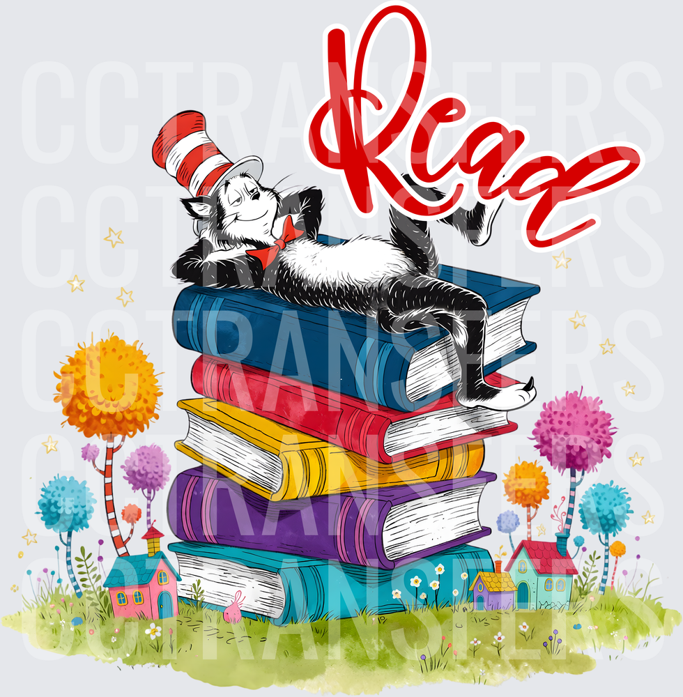 Read Whimsical Cat Lounging on Colorful Book Stack (DTF)