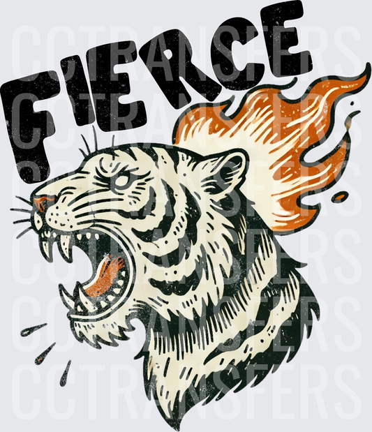 Fierce Flaming Tiger Head Roaring Bold Tattoo Style (DTF)