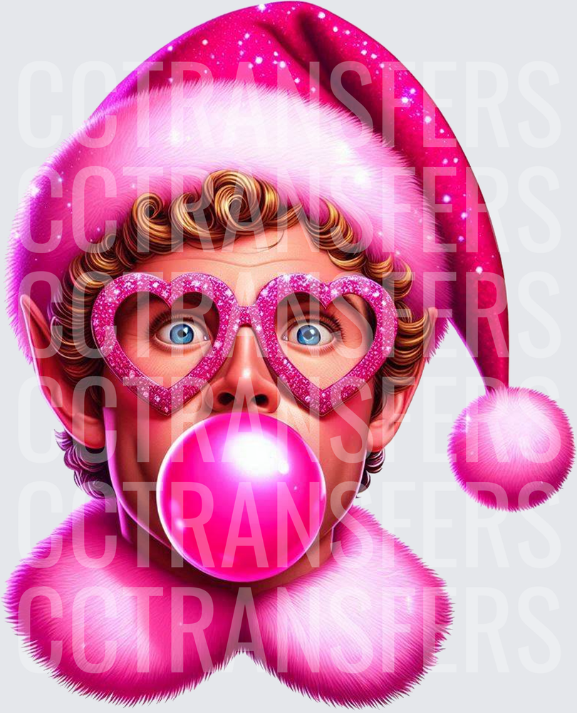 Pink Glitter Elf Blowing Bubblegum Heart Glasses Santa Hat (DTF)