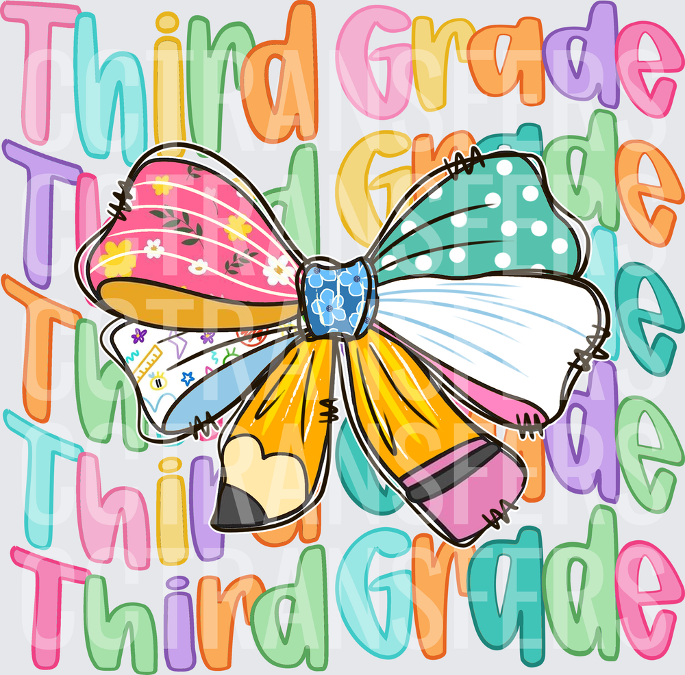 Third Grade Colorful Bow Pencil Stacked Text (DTF)