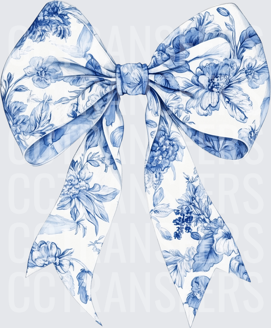Blue and White Toile Floral Bow (DTF)