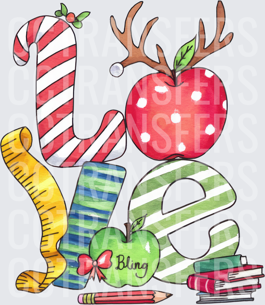 Christmas Teacher Joy Bling Apples Books Candy Cane (DTF)