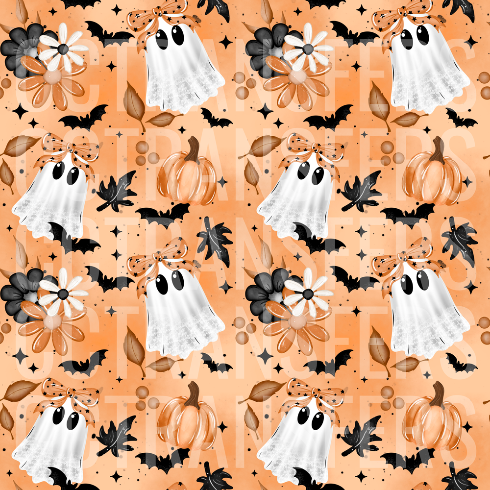 Cute Ghost Bow Pumpkin Bat Floral Halloween Pattern (DTF)