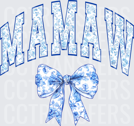 Mamaw Blue Floral Varsity Letters with Bow (DTF)