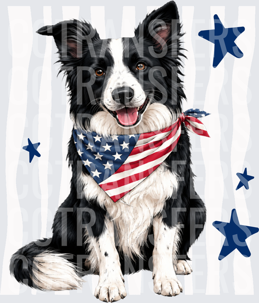 Patriotic Black & White Herding Dog American Flag Bandana (DTF)