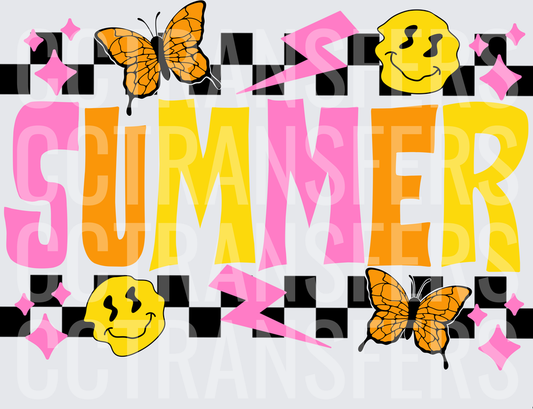 Summer Retro Checkered Butterflies Melty Smiley Lightning (DTF)