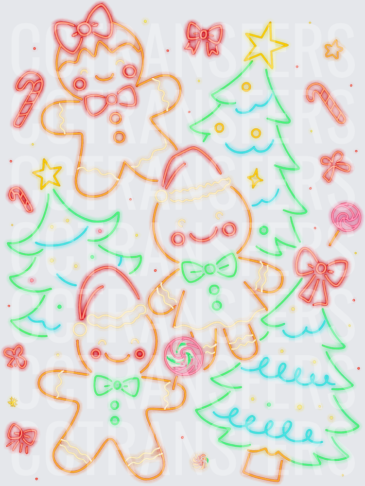 Neon Glow Gingerbread Christmas Holiday Scene (DTF)