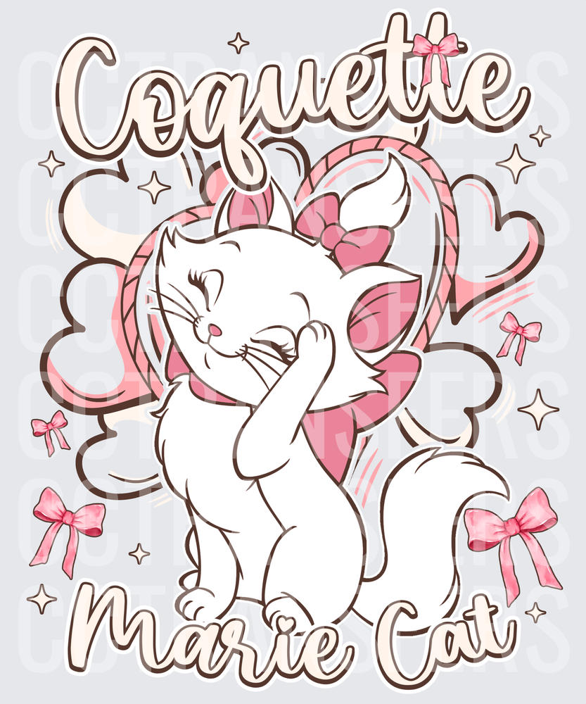 Coquette Marie Cat White Kitten Pink Bows Hearts (DTF)