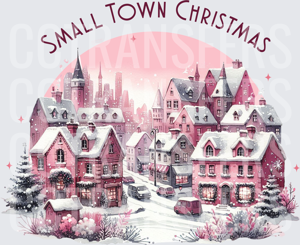 Small Town Christmas Pink Winter Village Scene (DTF)