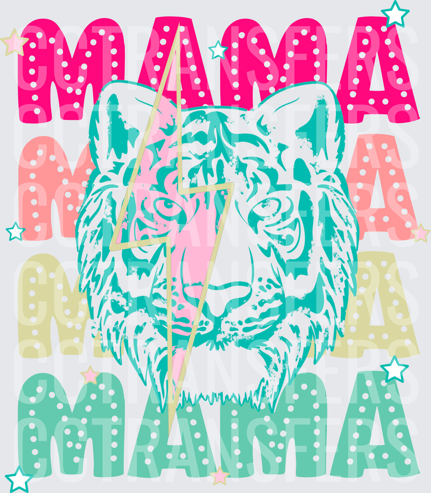 Mama Tiger Face Lightning Bolt Pastel Stacked Letters (DTF)