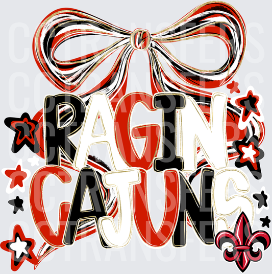 Ragin Cajuns Bold Lettering Red Black Bow Fleur De Lis (DTF)
