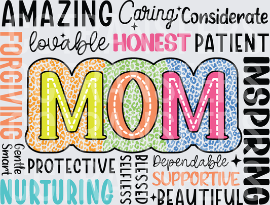 Colorful Leopard Print MOM Word Cloud Typography (DTF)