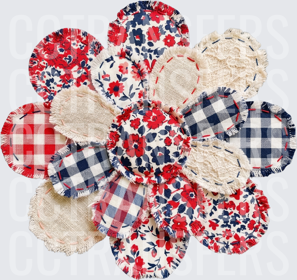 Patriotic Floral Gingham Frayed Fabric Patchwork Flower (DTF)