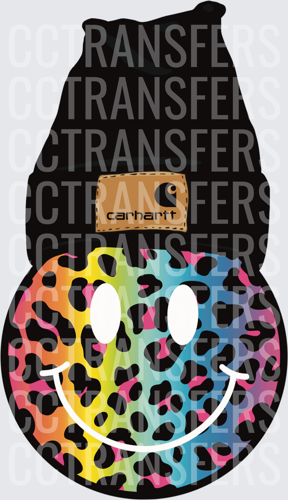 Rainbow Leopard Smiley Face with Black Beanie Hat (DTF)