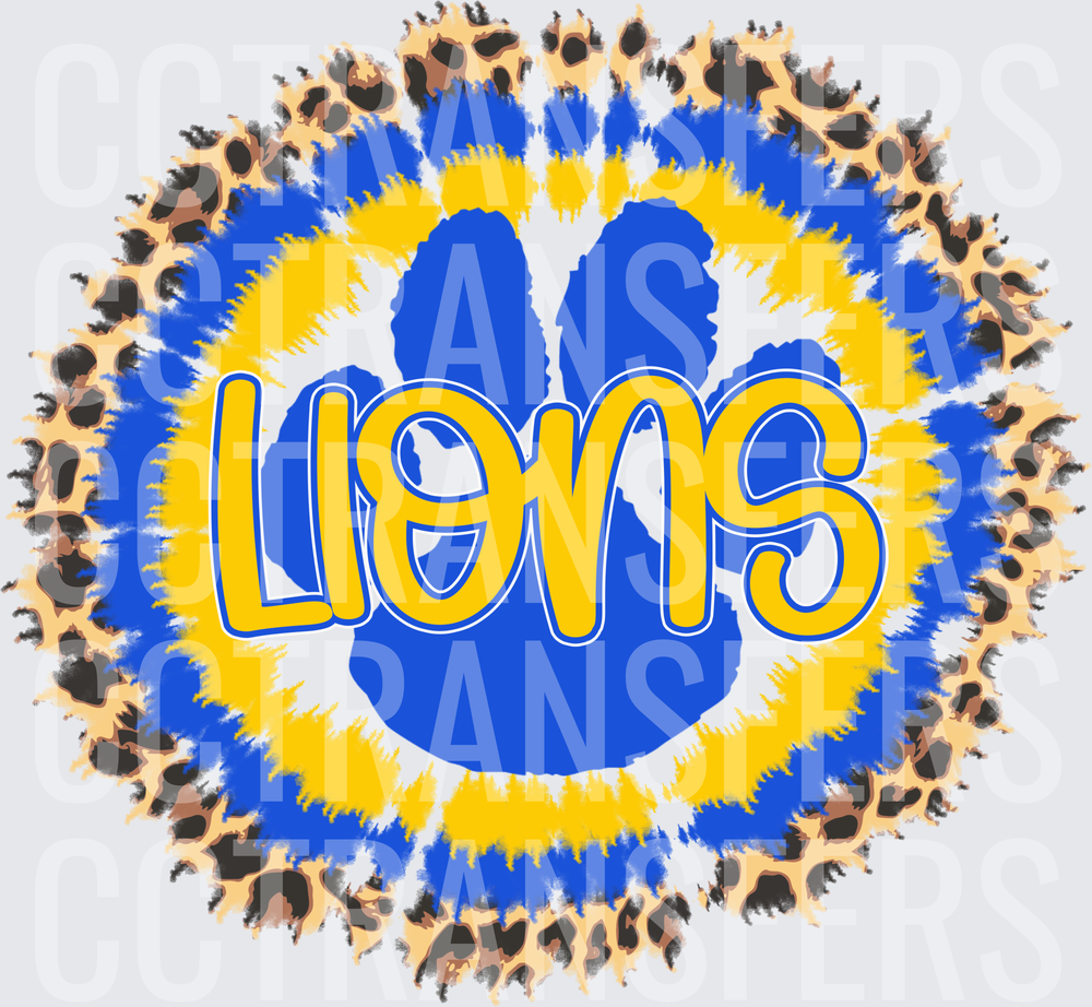 Lions Paw Print Blue Gold Tie Dye Leopard Border (DTF)