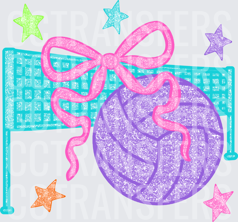 Glitter Volleyball With Pink Bow And Net Stars (DTF)