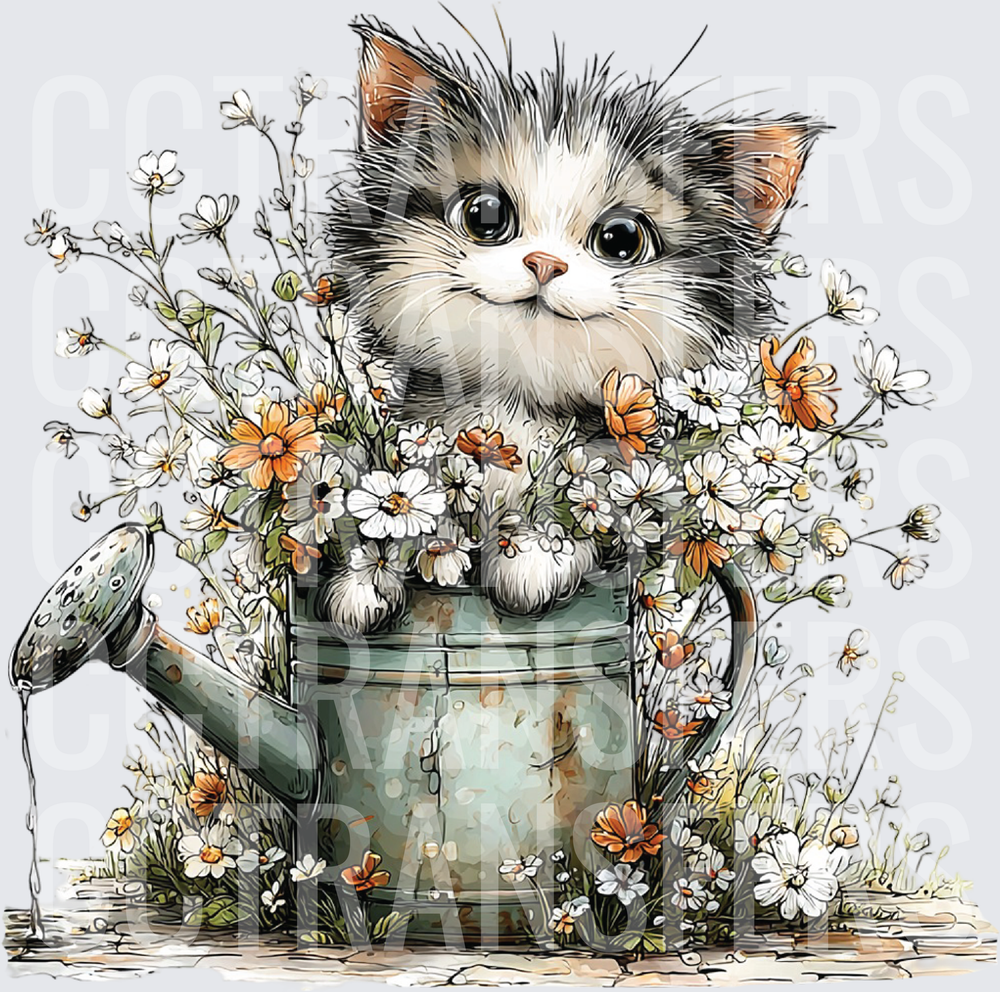 Fluffy Kitten Sitting in Rustic Watering Can with Wildflowers (DTF)