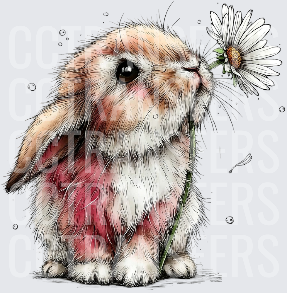 Fluffy Lop Bunny Sniffing White Daisy Watercolor (DTF)