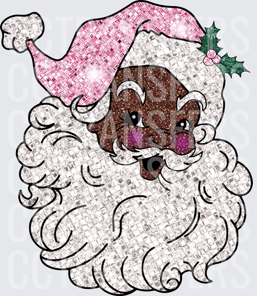 Glitter Black Santa Pink Hat Holly Berry Face (DTF)