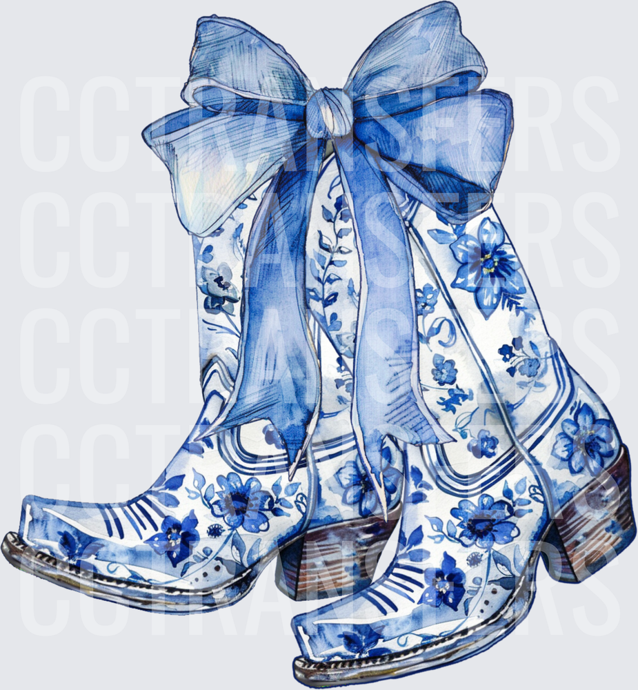 Blue and White Floral Cowboy Boots with Bow (DTF)