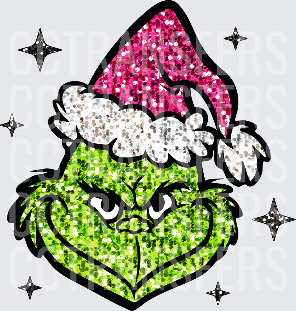 Grumpy Green G-Man Glitter Santa Hat Sparkle Stars (DTF)
