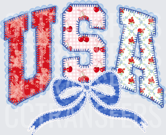 USA Patchwork Floral Cherries Lace Bow Letters (DTF)