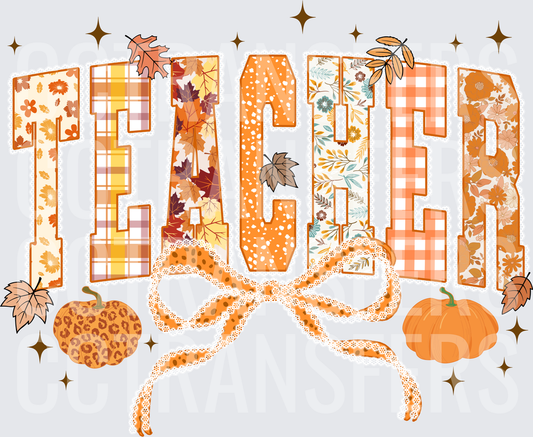 Fall Patchwork Teacher Bow Pumpkins Autumn Leaves (DTF)
