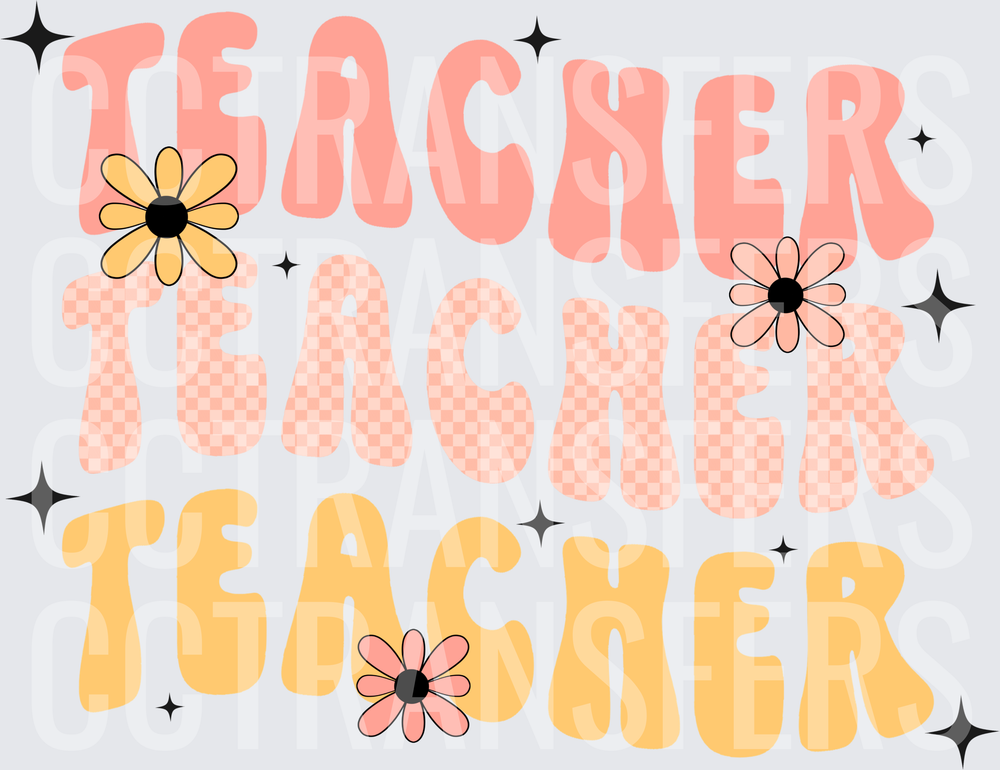 Retro Teacher Triple Stacked Groovy Floral Sparkle (DTF)