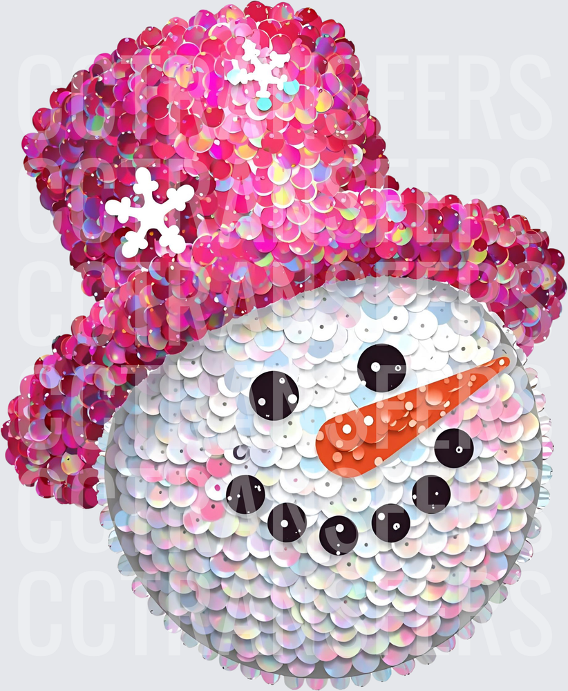 Glitter Sequin Snowman Face Pink Hat Snowflakes (DTF)
