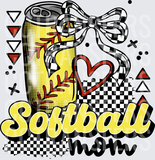 Softball Mom Soda Can Checkered Bow Heart Design (DTF)