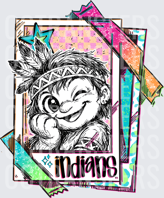 Cartoon Native Mascot Sketch Polaroid Collage Indians DTF