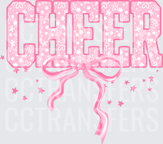 Pink Floral CHEER Bold Letters with Ribbon Bow and Stars (DTF)