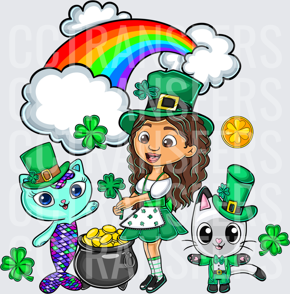 Cartoon Girl Cats St Patricks Day Rainbow Pot of Gold (DTF)