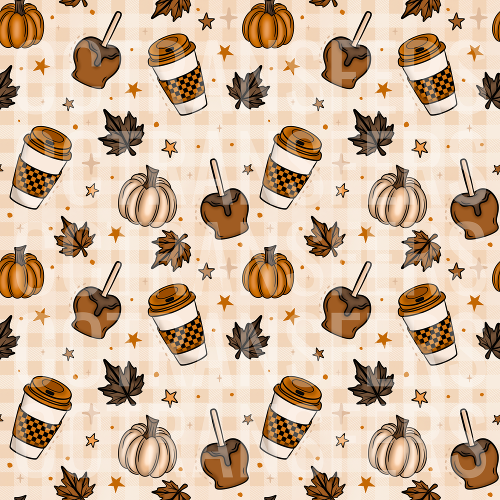 Fall Plaid Pumpkins Caramel Apples Coffee Cups Pattern (DTF)