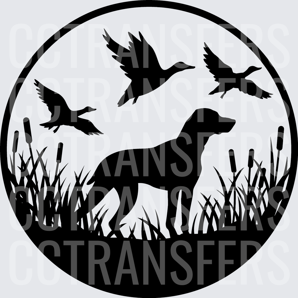 Hunting Dog Silhouette with Flying Ducks Marsh Scene (DTF)