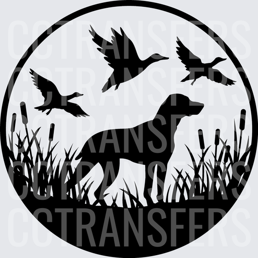 Hunting Dog Silhouette with Flying Ducks Marsh Scene (DTF)