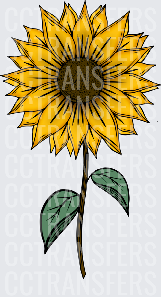 Bold Yellow Sunflower with Green Leaves on Stem (DTF)