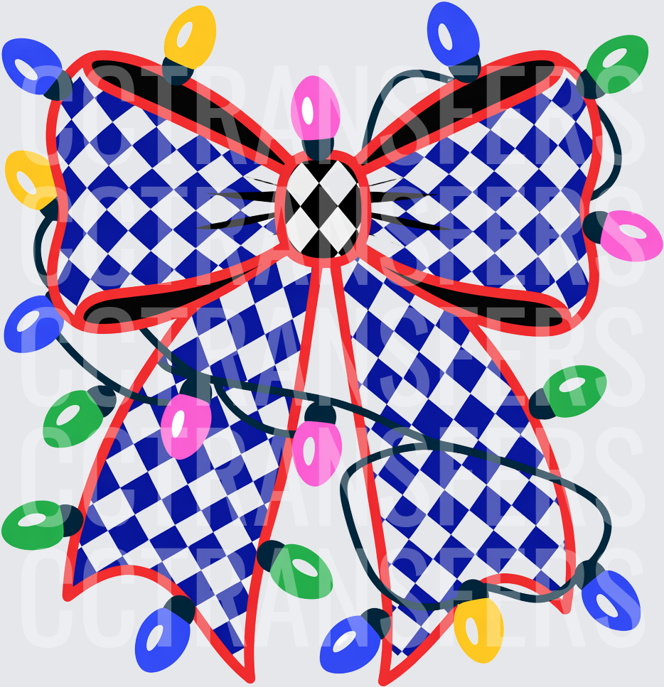 Blue Checkered Christmas Bow with Colorful Lights (DTF)