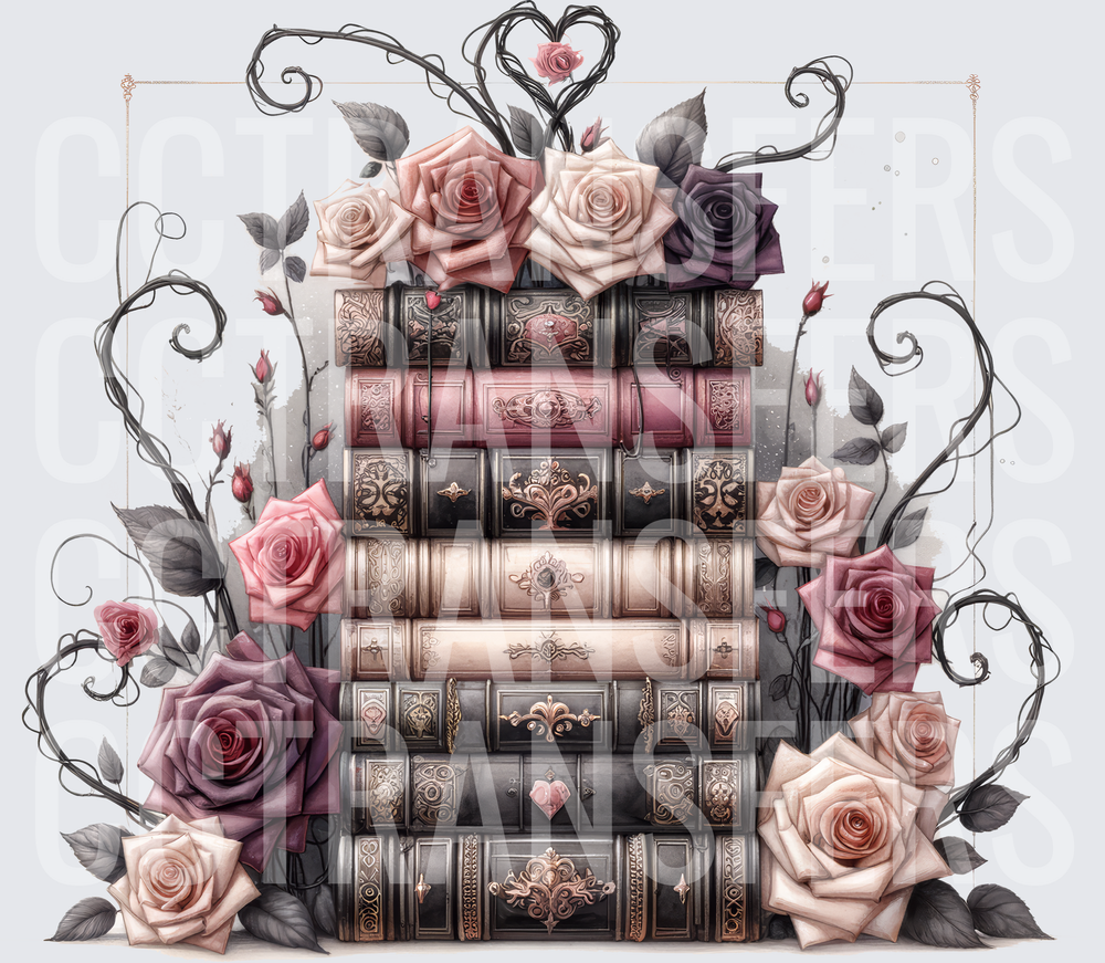 Ornate Stacked Books Pink Roses Dark Vines Heart (DTF)