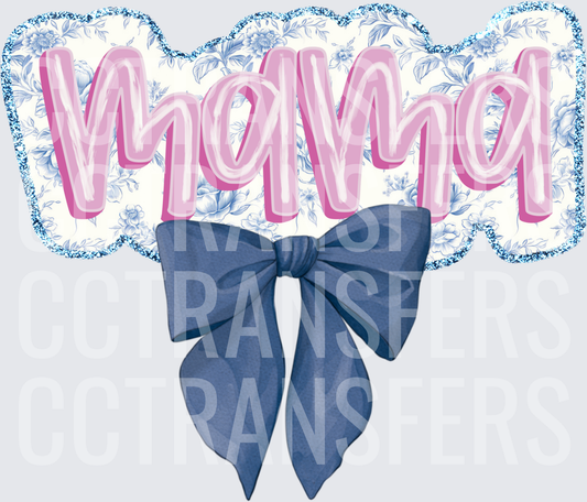 Mama Pink Lettering Blue Floral Glitter Bow (DTF)