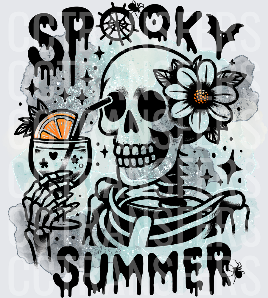 Spooky Summer Skeleton Holding Cocktail With Flower (DTF)